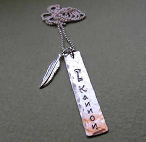 Feather Charm Hand Stamped Tag Necklace