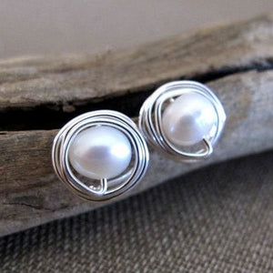 Silver wrapped pearl studs
