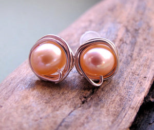 Peach Pearl Studs - Bridal Earrings