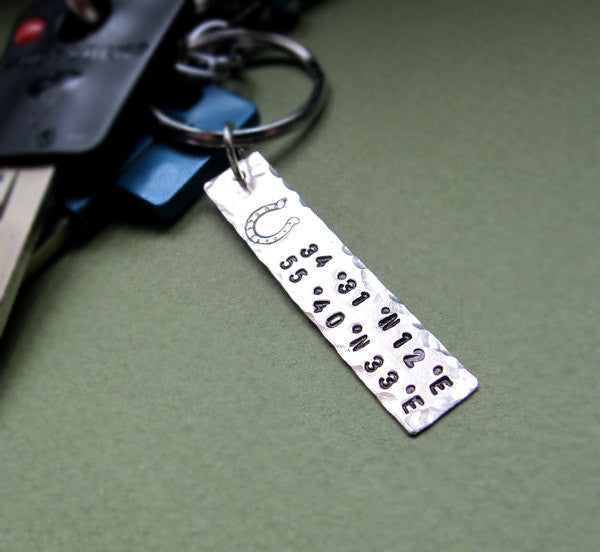 Hammered custom coordinates horseshoe keychain charm