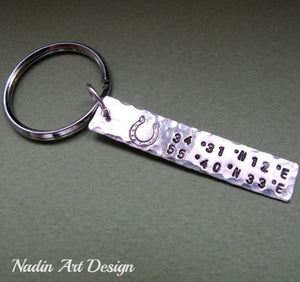 Hammered custom coordinates horseshoe keychain charm