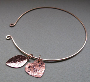 Gold Initial Leaf, Heart Charms Bangle Bracelet