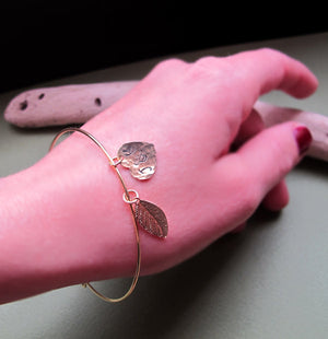 Gold Initial Leaf, Heart Charms Bangle Bracelet