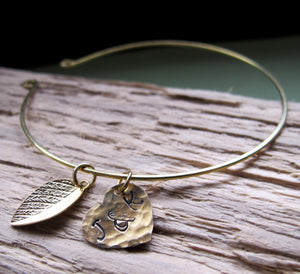 Gold Initial Leaf, Heart Charms Bangle Bracelet