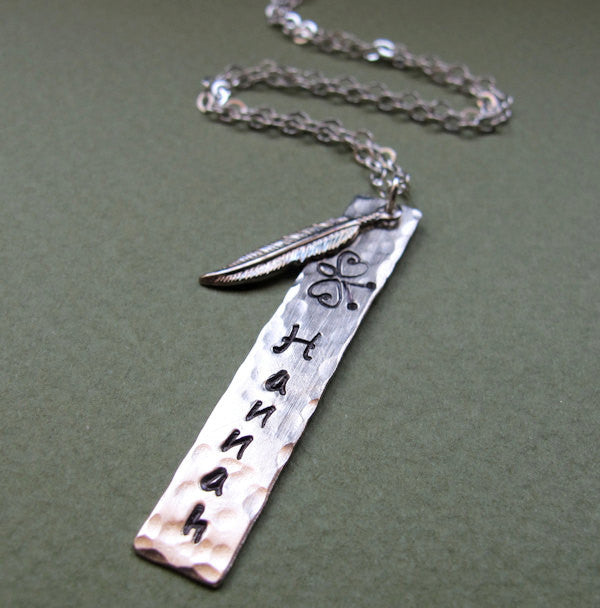 Long pendant hand stamped necklace with charm