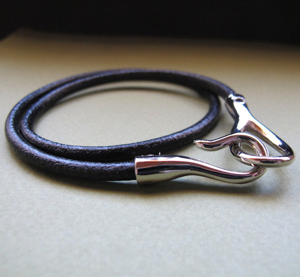 Silver Hook Leather Bracelet - Black Cord Mens Bracelet. Hook Closure