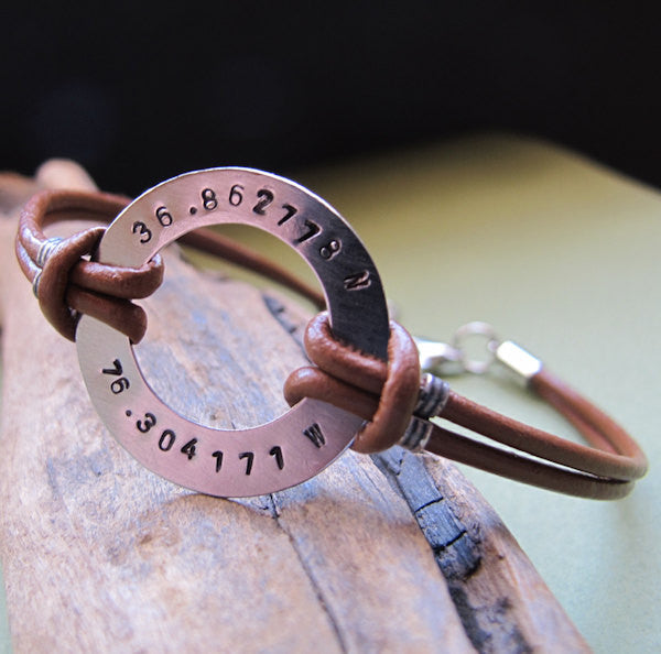 Custom washer mens leather bracelet - GPS engraved Bracelet in Gold for men