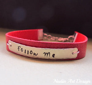 Red leather name bracelet