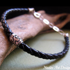 braided leather bracelet with silver bead - mens bracelets