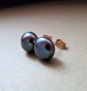 Dark Pearl Stud Earrings - Peacock Pearl Button Stud Earrings