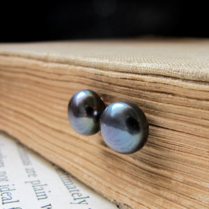 Dark Pearl Stud Earrings - Peacock Pearl Button Stud Earrings