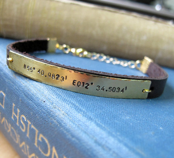 Adjustable Hand Stamped Leather Bracelet in Black / Brown