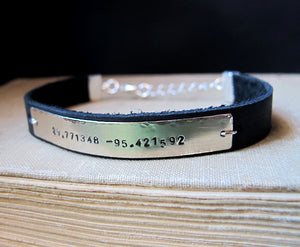 Adjustable Hand Stamped Leather Bracelet in Black / Brown