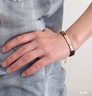 Adjustable Hand Stamped Leather Bracelet in Black / Brown