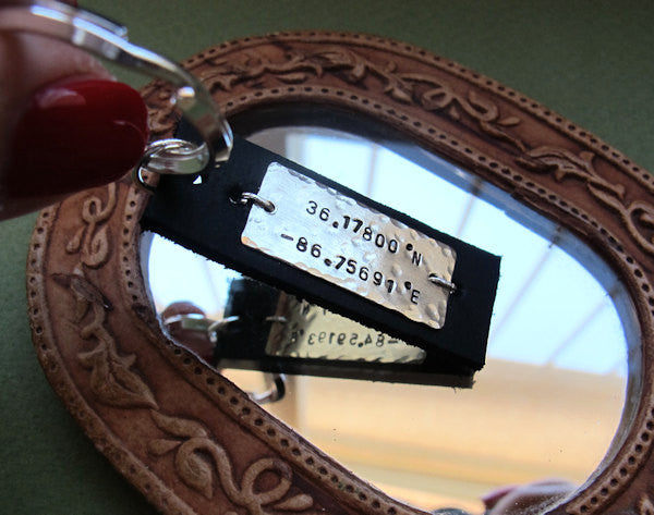 Latitude Longitude leather keychain