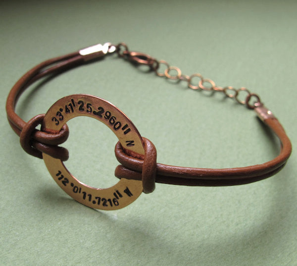 copper washer mens bracelet with latitude engraved coordinates