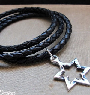 Jewish Star Pendant on Leather braided cord necklace