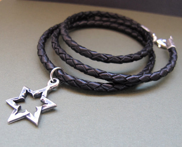 artisan Star David pendant on leather cord