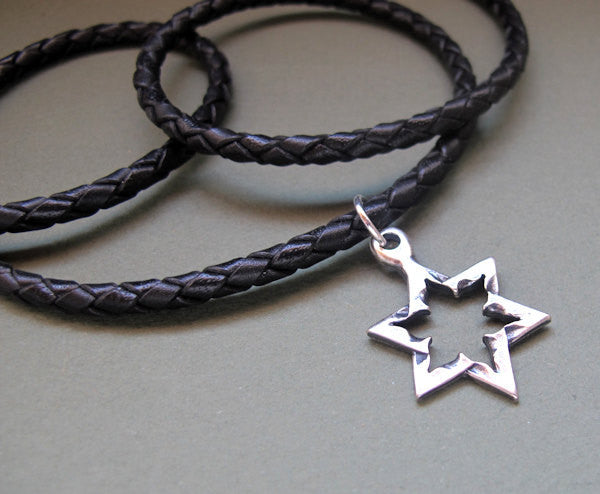 Jewish Star Pendant on Leather braided cord necklace