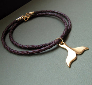 Gold Whale Tail Leather Braided Necklace