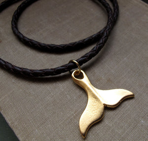 Gold Whale Tail Leather Braided Necklace