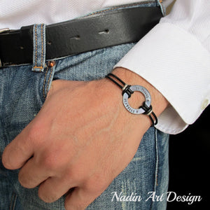 Washer Engraved leather cord bracelet - Black Washer cuff bracelet