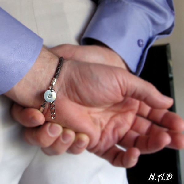 Braided Brown Leather Bracelet with Initial Disc