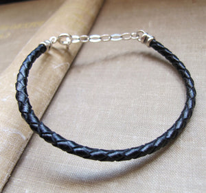 Black  leather braided bracelet for men