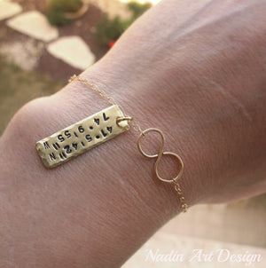 Hand stamped charm infinity gold bracelet