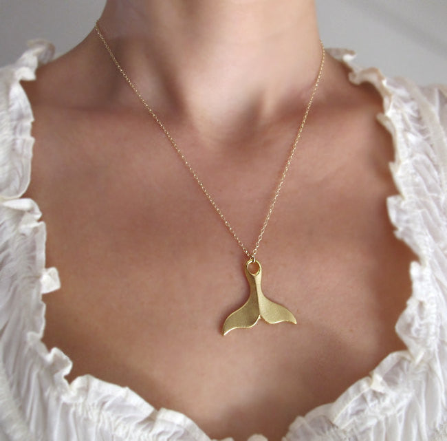 Whale Tail Necklace - Gold Pendant In Blue Enamel Inlay