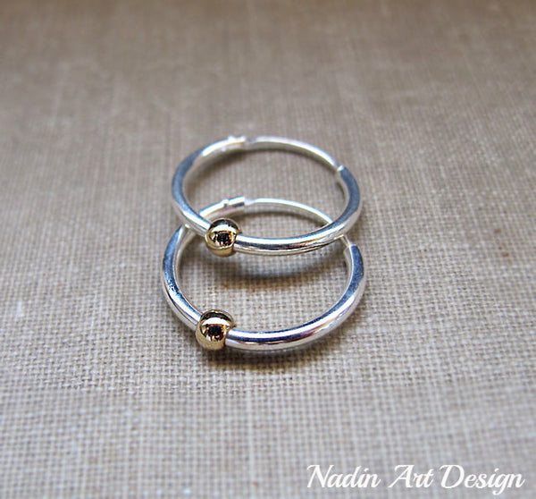 small hoops with bead, sterling silver hoops, Endless hoops, fashion earrings, everyday earrings