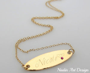 Oval gold charm name necklace