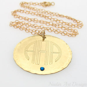 Monogram round charm birthstone gold necklace