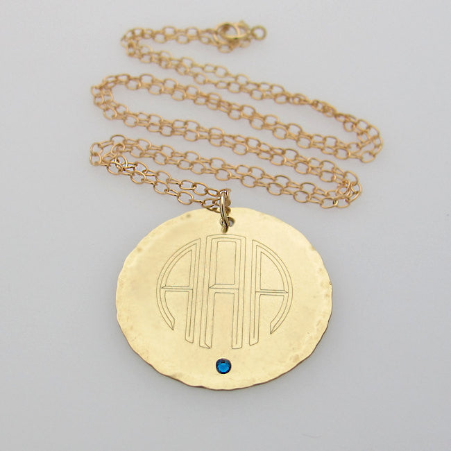 Monogram round charm birthstone gold necklace