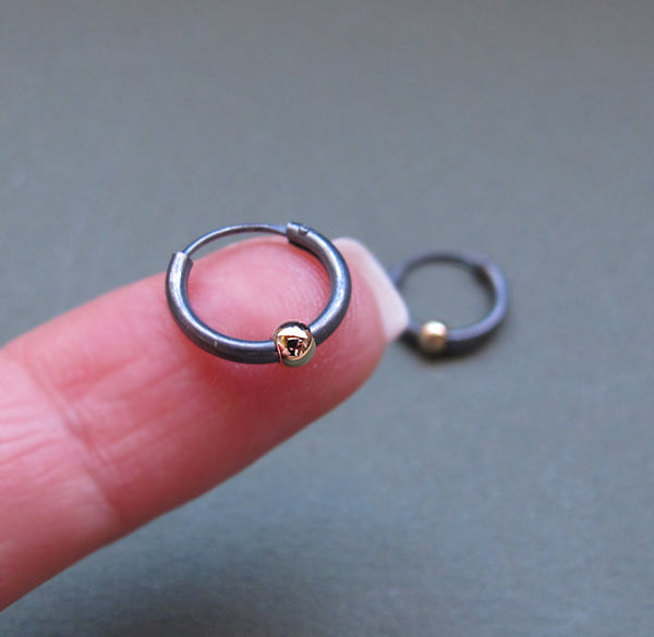 Huggie Black Earrings with Gold Bead