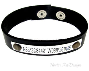 Latitude Longitude Engraved leather Bracelet 