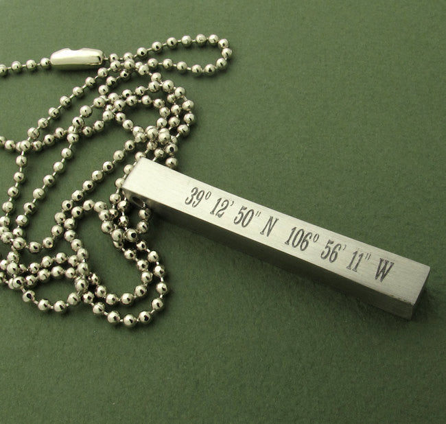 Four sides engraved silver bar pendant necklace