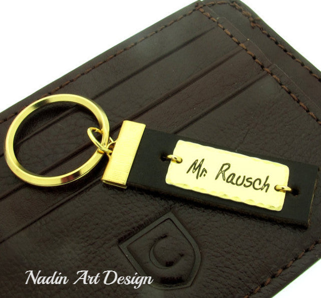 Nadin Art Design - Personalized Jewelry Gold and Leather Custom Keychain for Men -Men's Key chain-Gift for Dad Black / Stainless Steel