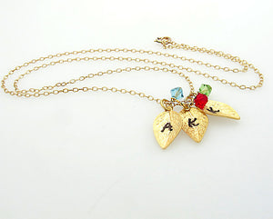 Initial Leaf Necklace with Birthstone Charms
