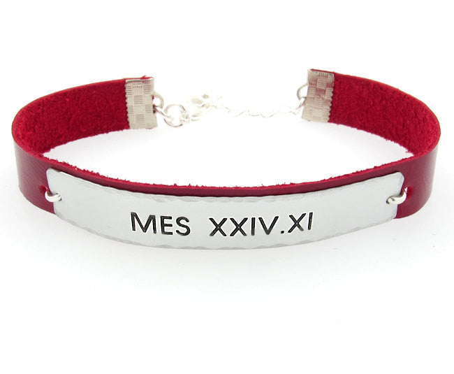 Red leather name bracelet