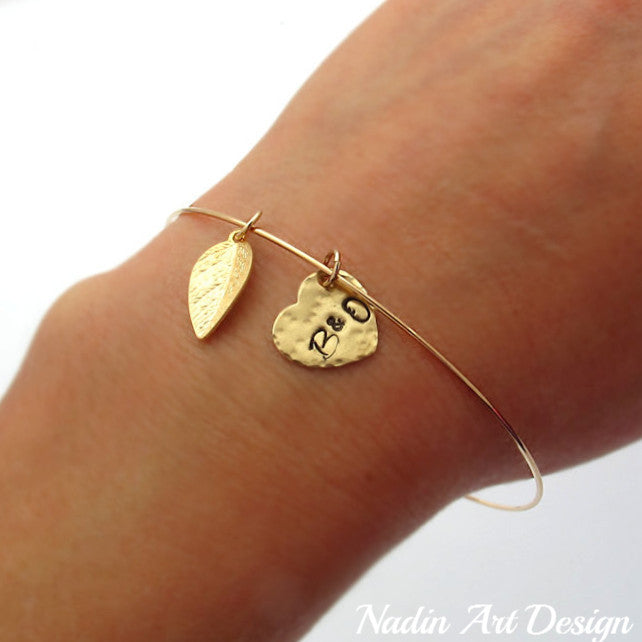 gold bangle bracelet with heart charm - leaf dangle gold bangle - initials bangle bracelet