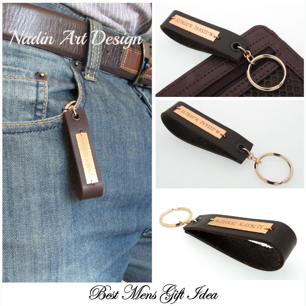 Leather Key Chain for Men - Personalized GPS Keychain - Husband gift ...
