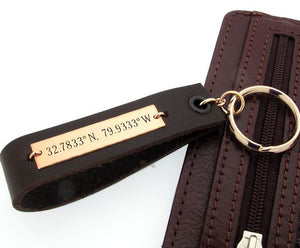 Leather Key Chain for Men - Personalized GPS Keychain
