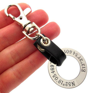 leather keychain with the Coordinates 