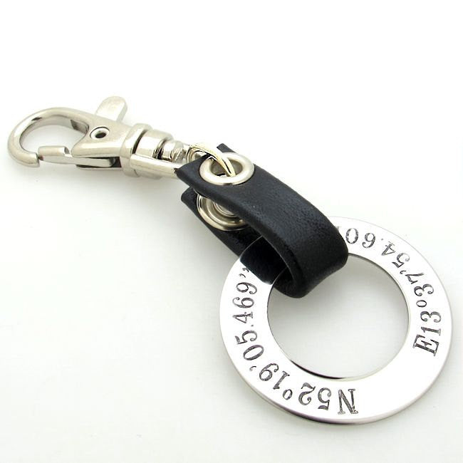 Coordinates Engraved round pendant keychain