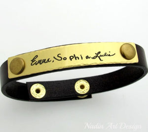 Handwritten text engraved leather cuff bracelet - Signature engraved bracelet