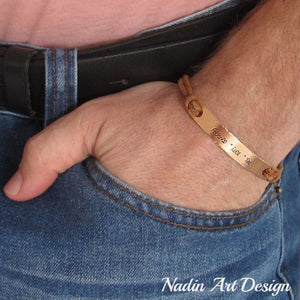 Leather cords engraved mens cuff