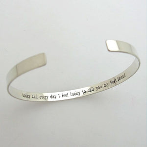 hidden text engraved silver cuff bracelet for women