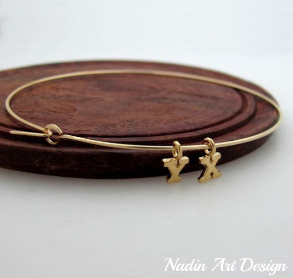 Thin Bangle Bracelet with Custom Initials Charms in Gold or Silver