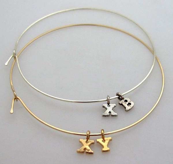 Thin Bangle Bracelet with Custom Initials Charms in Gold or Silver